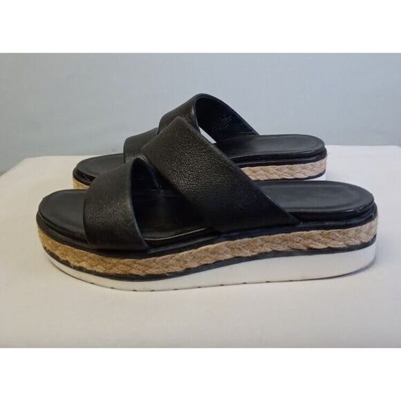 Franco Sarto Titan Sandals Women's 7M Black Leather Slip On 2-Strap Flats - Picture 2 of 8